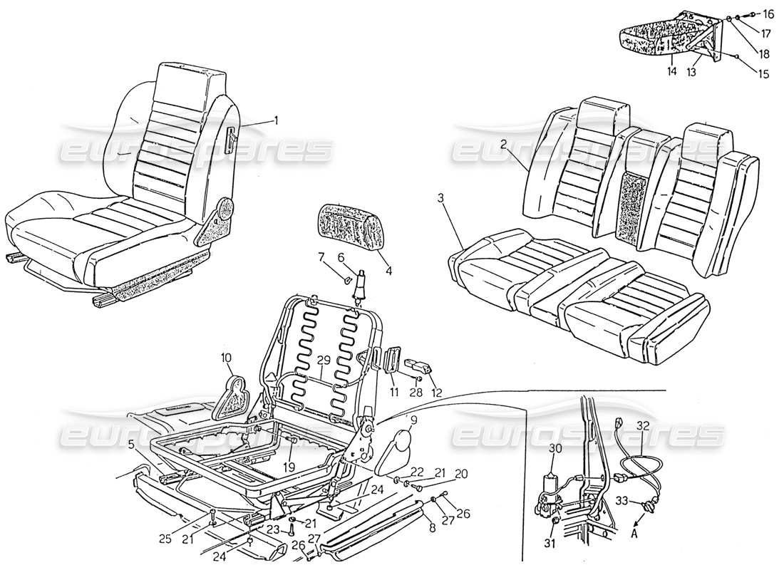 maserati 222 / 222e biturbo teilediagramm für vorder- und rücksitze