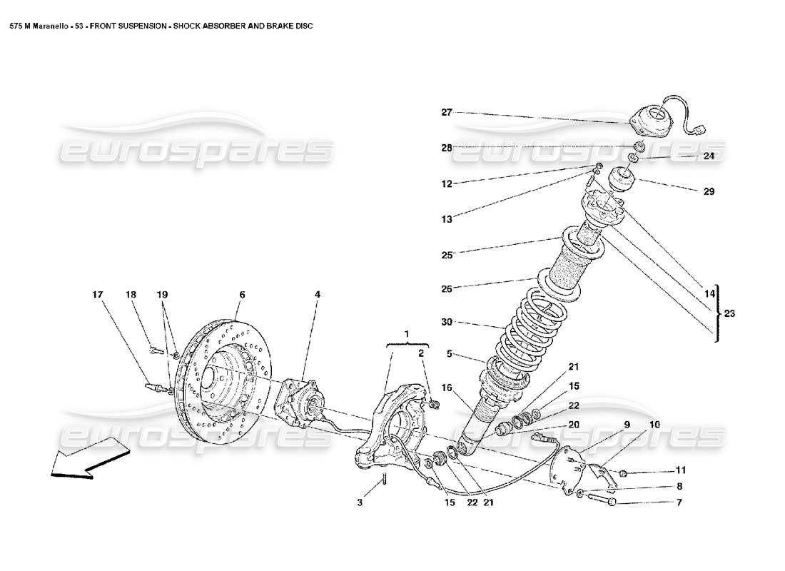 ferrari 575m maranello teilediagramm für stoßdämpfer und bremsscheibe der vorderradaufhängung