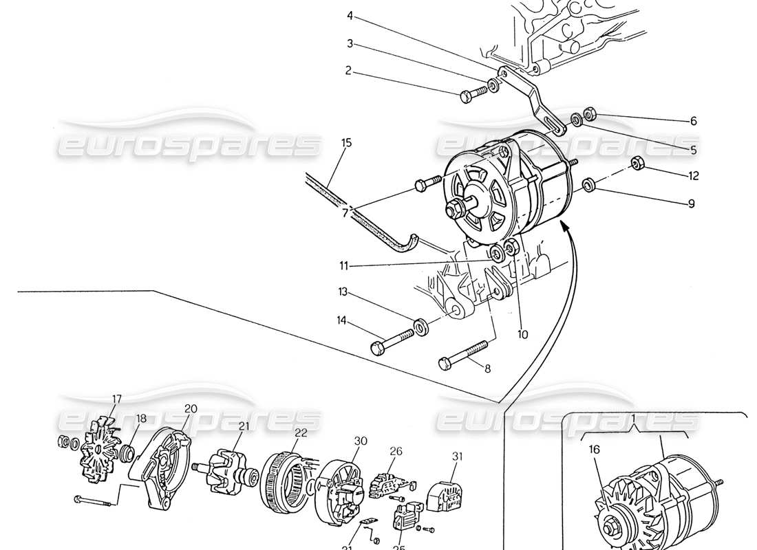 maserati 222 / 222e biturbo teilediagramm für lichtmaschine und halterung