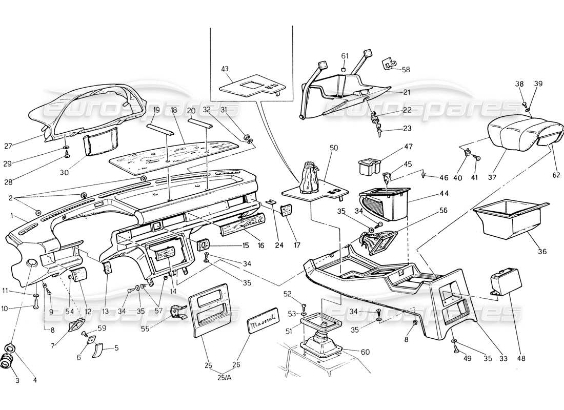 maserati 222 / 222e biturbo teilediagramm für instrumententafel und konsole (linkslenkung)