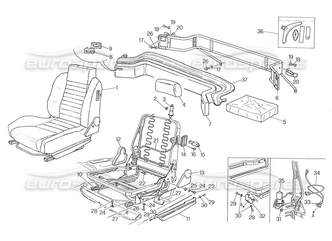 maserati biturbo spider vorder- und rücksitze teilediagramm