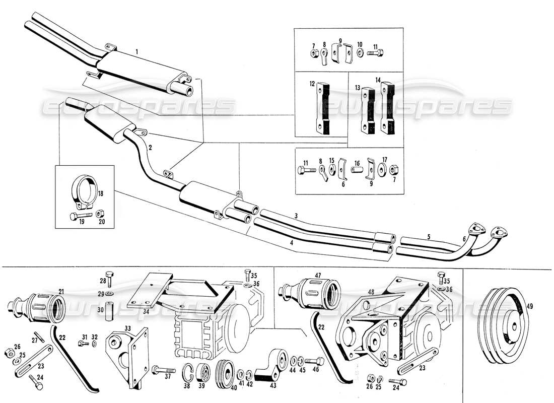 maserati mistral 3.7 auspuffrohre und kompressorhalterung teilediagramm