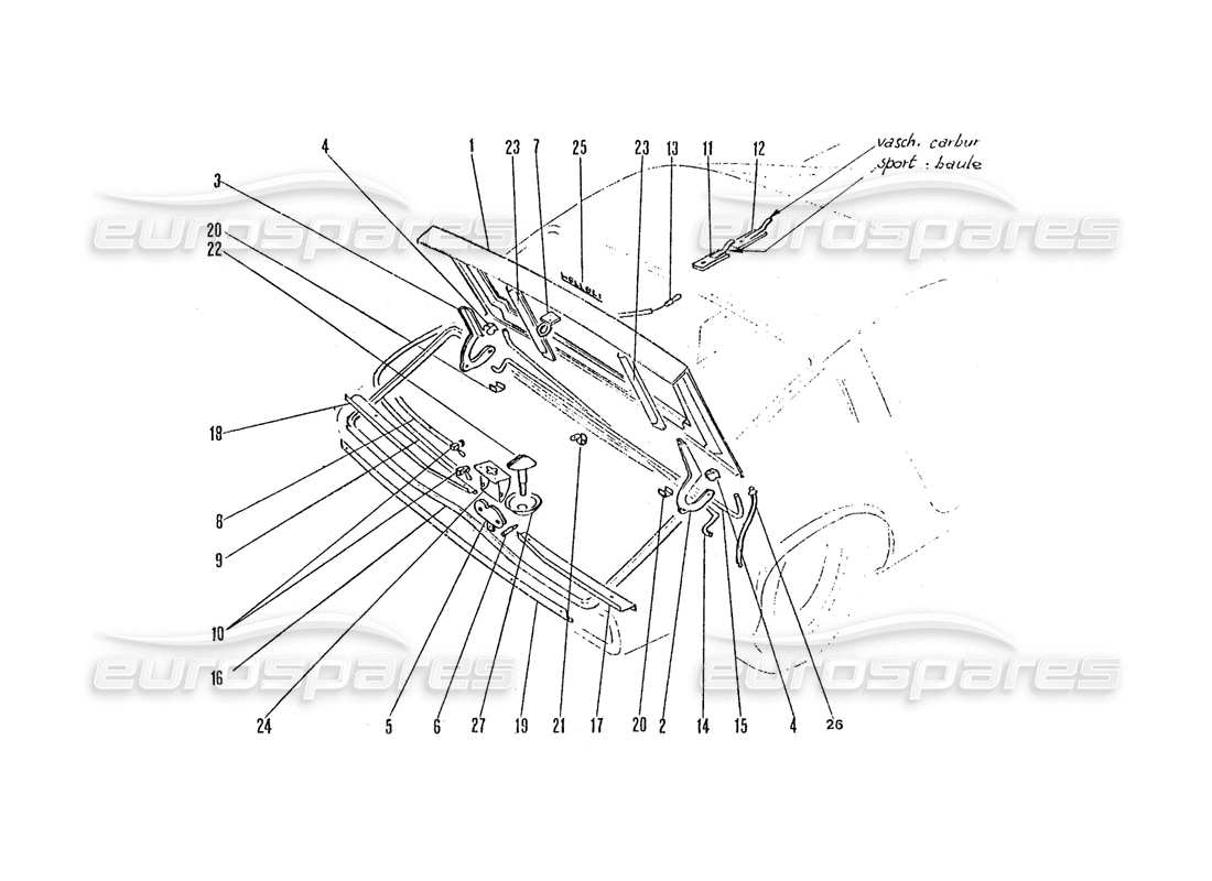 ferrari 365 gtc4 (coachwork) teilediagramm für den kofferraumdeckel