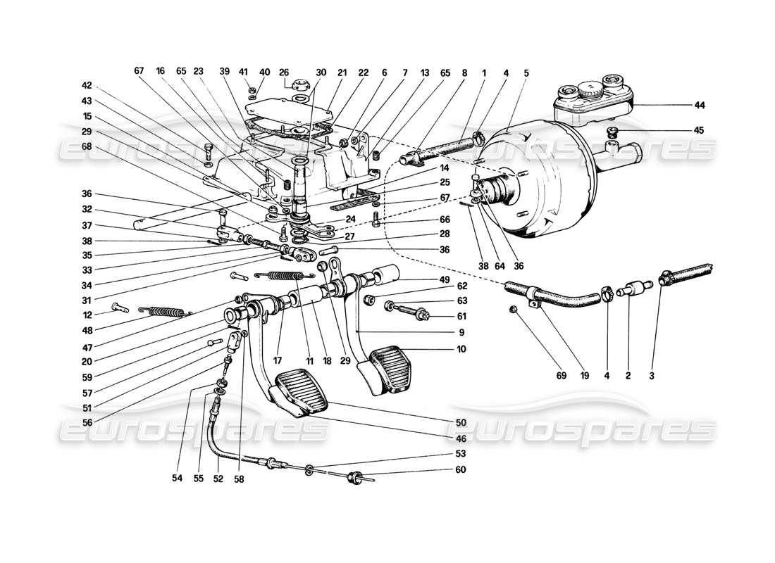 ferrari 208 turbo (1982) pedalboard - teilediagramm für brems- und kupplungssteuerung