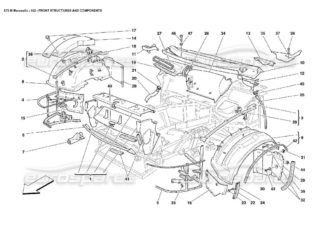 ferrari 575m maranello vordere strukturen und komponenten teilediagramm