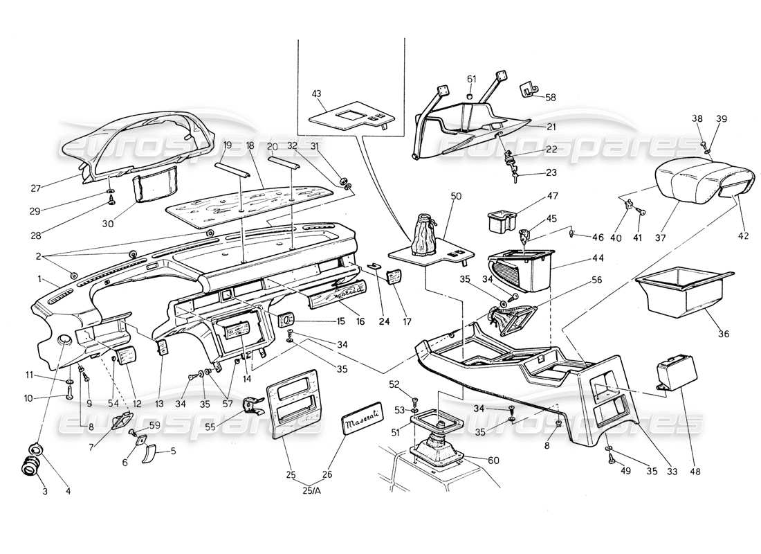 maserati biturbo spider teilediagramm für instrumententafel und konsole (linkslenkung).