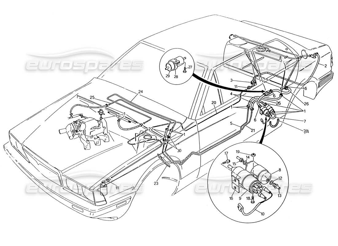 maserati 222 / 222e biturbo teilediagramm für kraftstoffleitungen