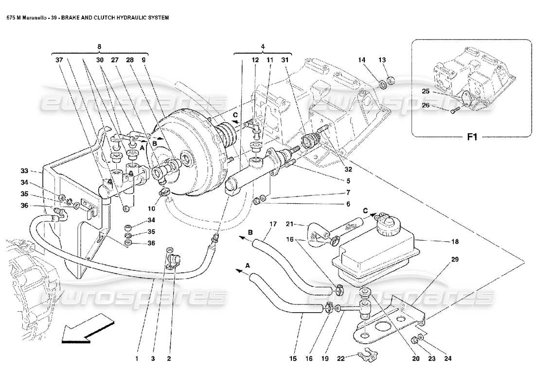 ferrari 575m maranello teilediagramm des hydraulischen brems- und kupplungssystems