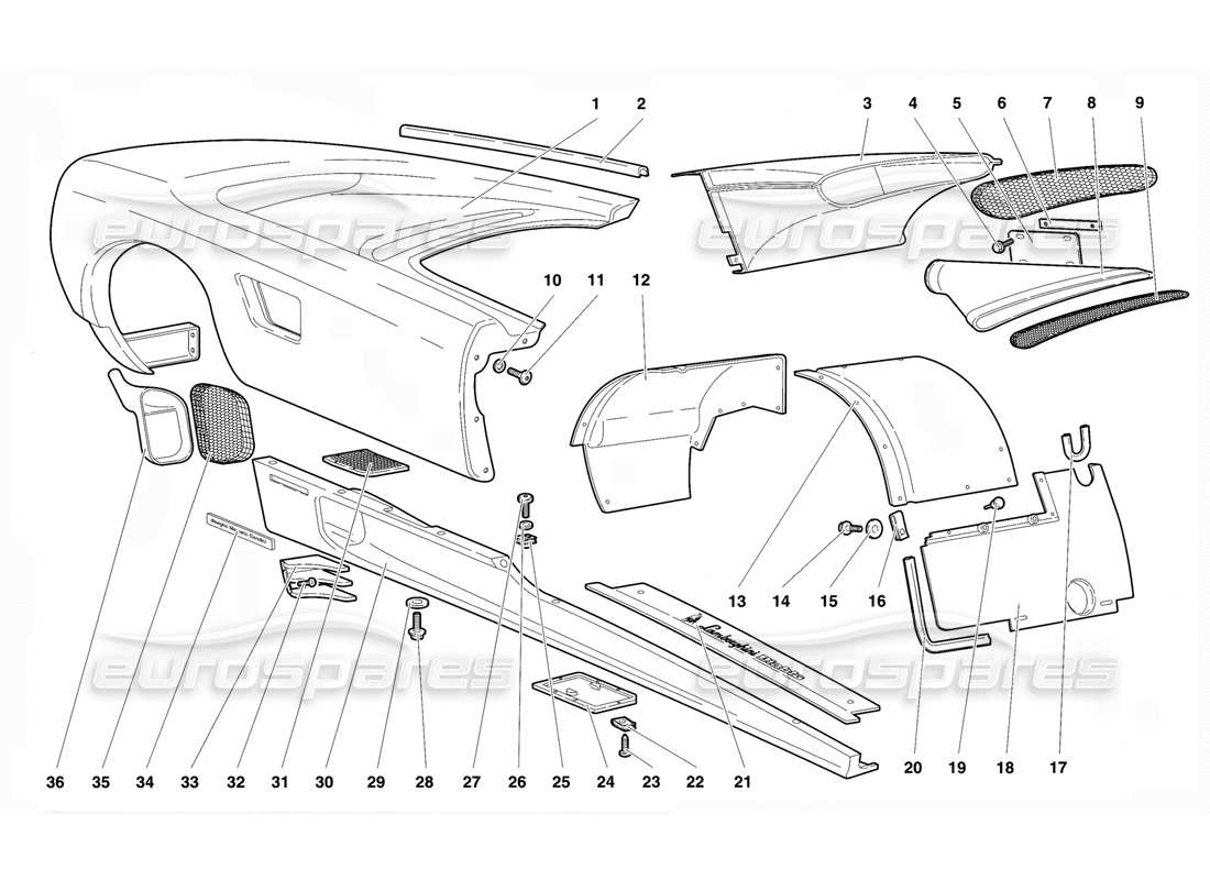 lamborghini diablo vt (1994) körperelemente – rechte flanke teilediagramm