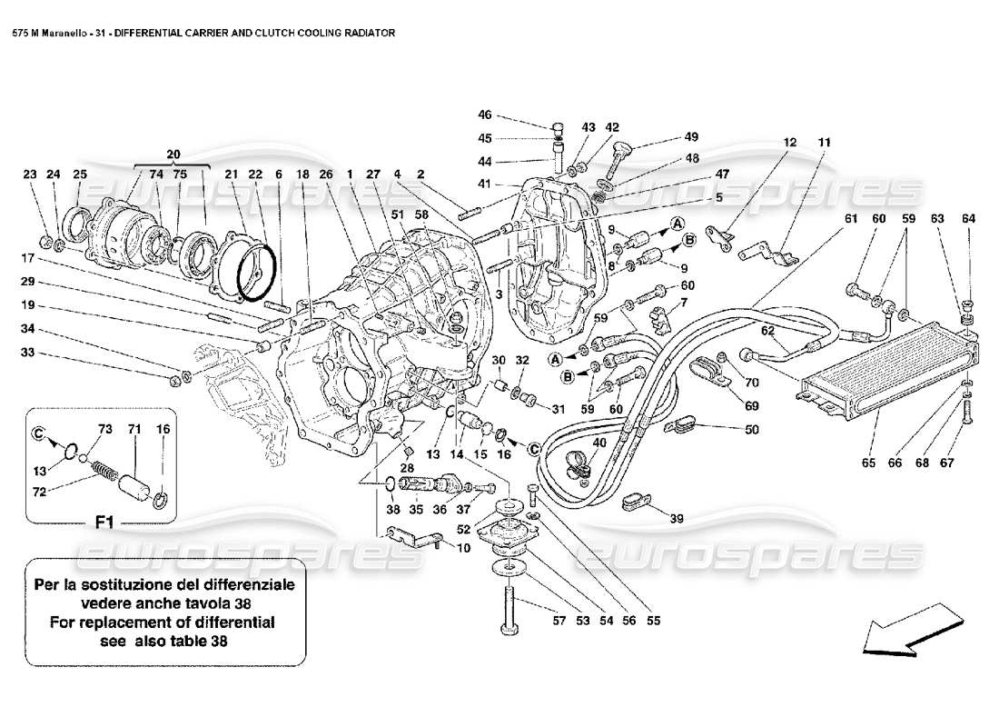 ferrari 575m maranello teilediagramm für differentialträger und kupplungskühler