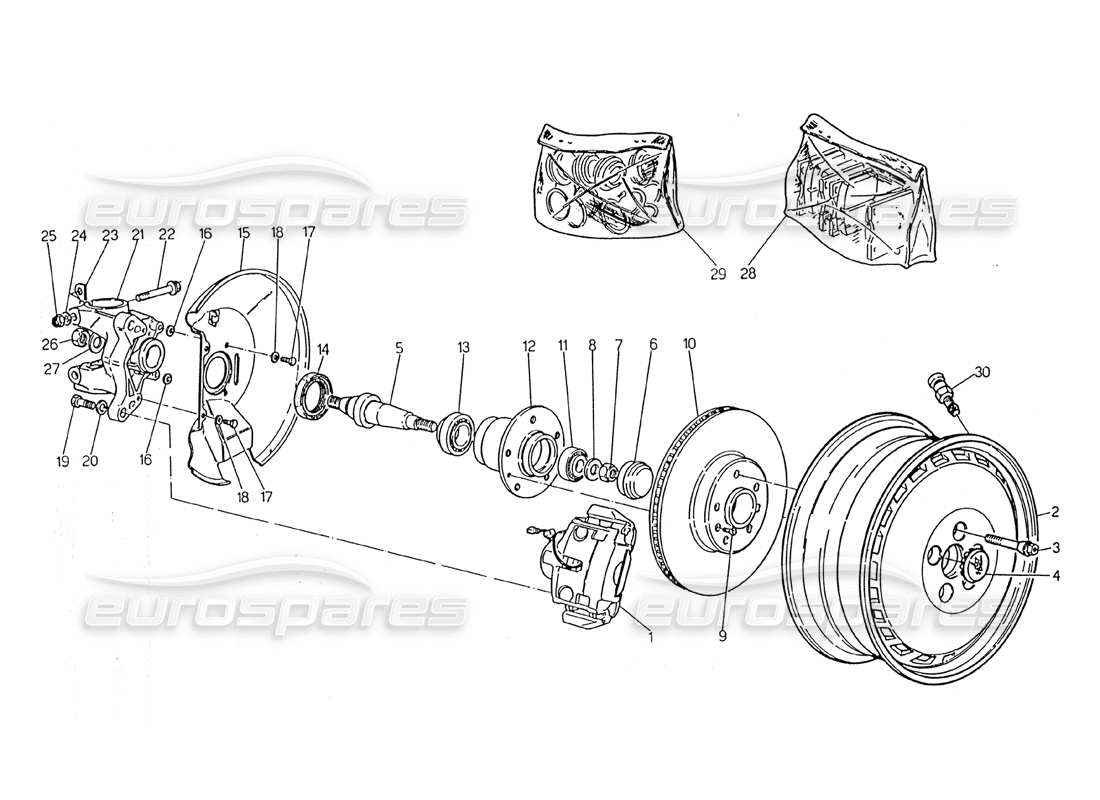 maserati 2.24v räder, naben und vorderradbremsen teilediagramm