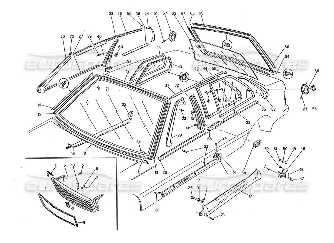 maserati 2.24v teilediagramm für kühlergrill-zierleisten und feste gläser