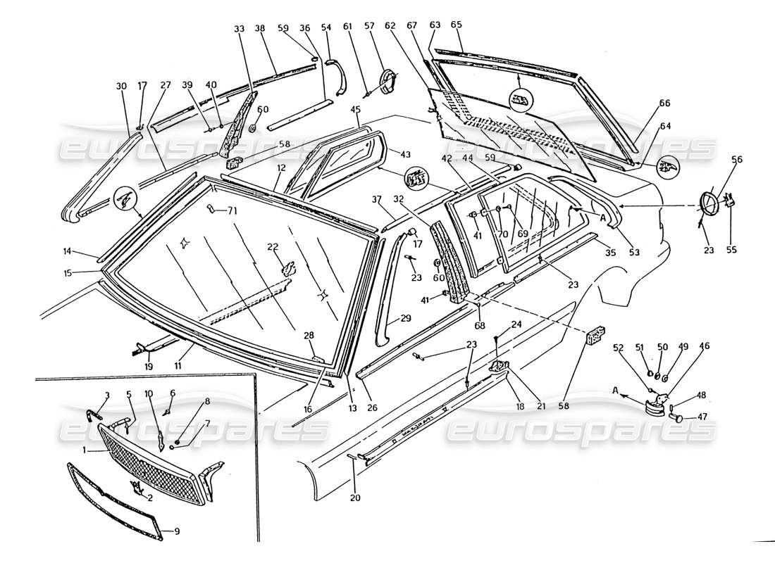 maserati 222 / 222e biturbo teilediagramm für kühlergrillblenden und feste scheiben