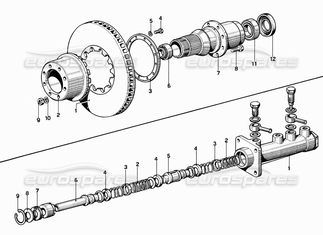 ferrari 365 gt 2+2 (mechanical) vordere bremsscheibe und hauptzylinder teilediagramm