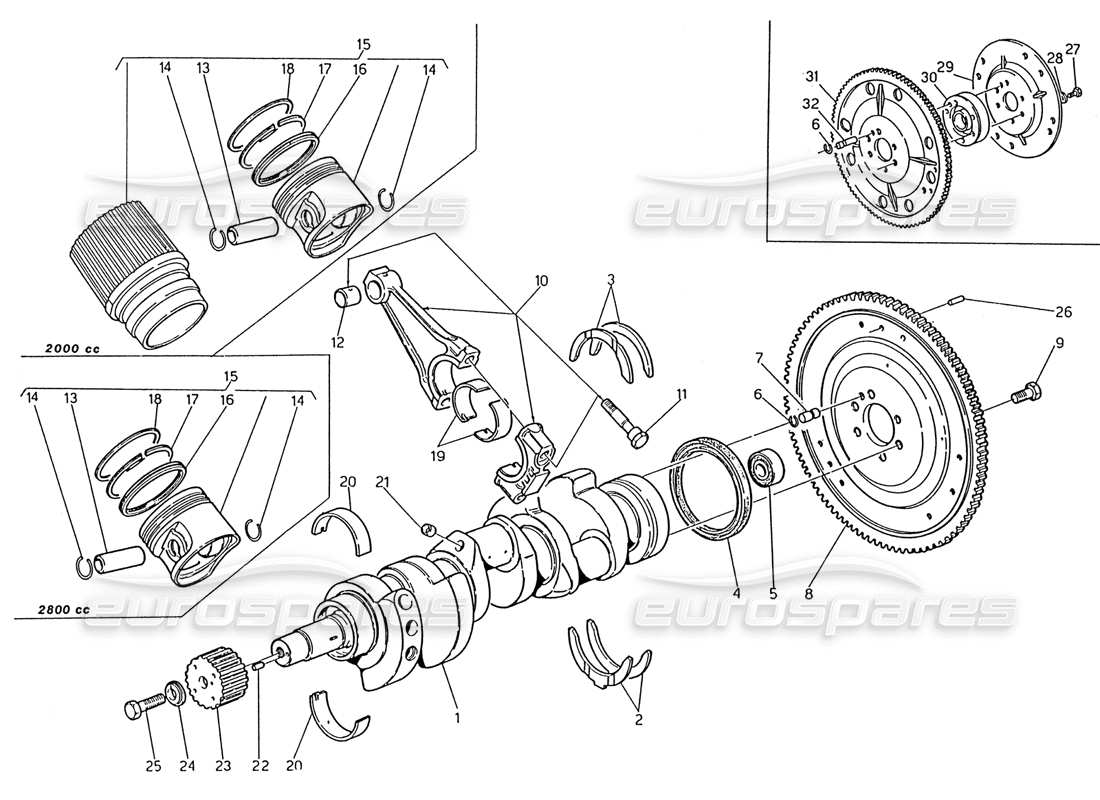 maserati 222 / 222e biturbo teilediagramm kurbelwelle - kolben - pleuelstangen und schwungrad