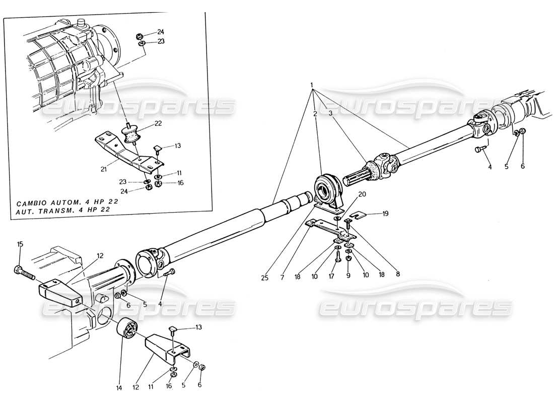 maserati 222 / 222e biturbo propellerwelle und träger teilediagramm