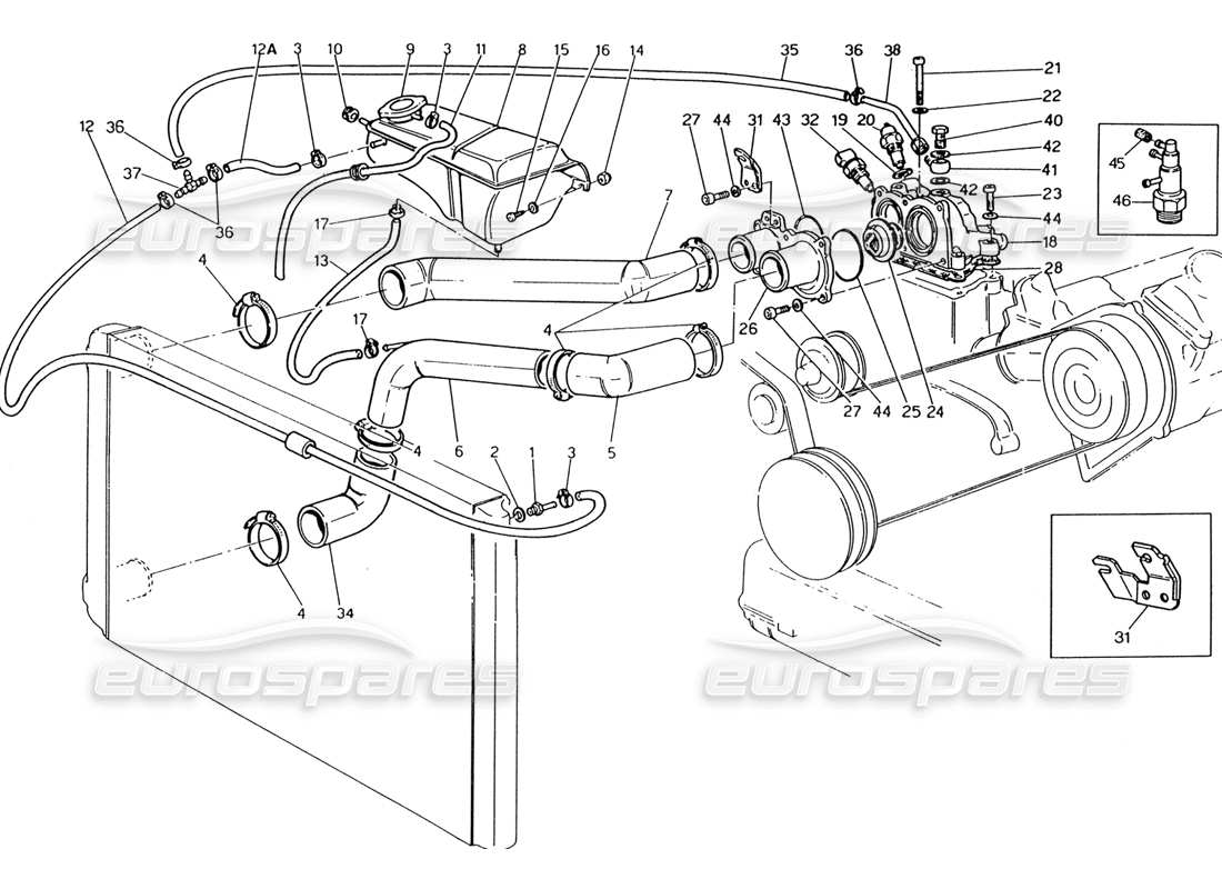 maserati 222 / 222e biturbo teilediagramm für motorkühlrohre und thermostat