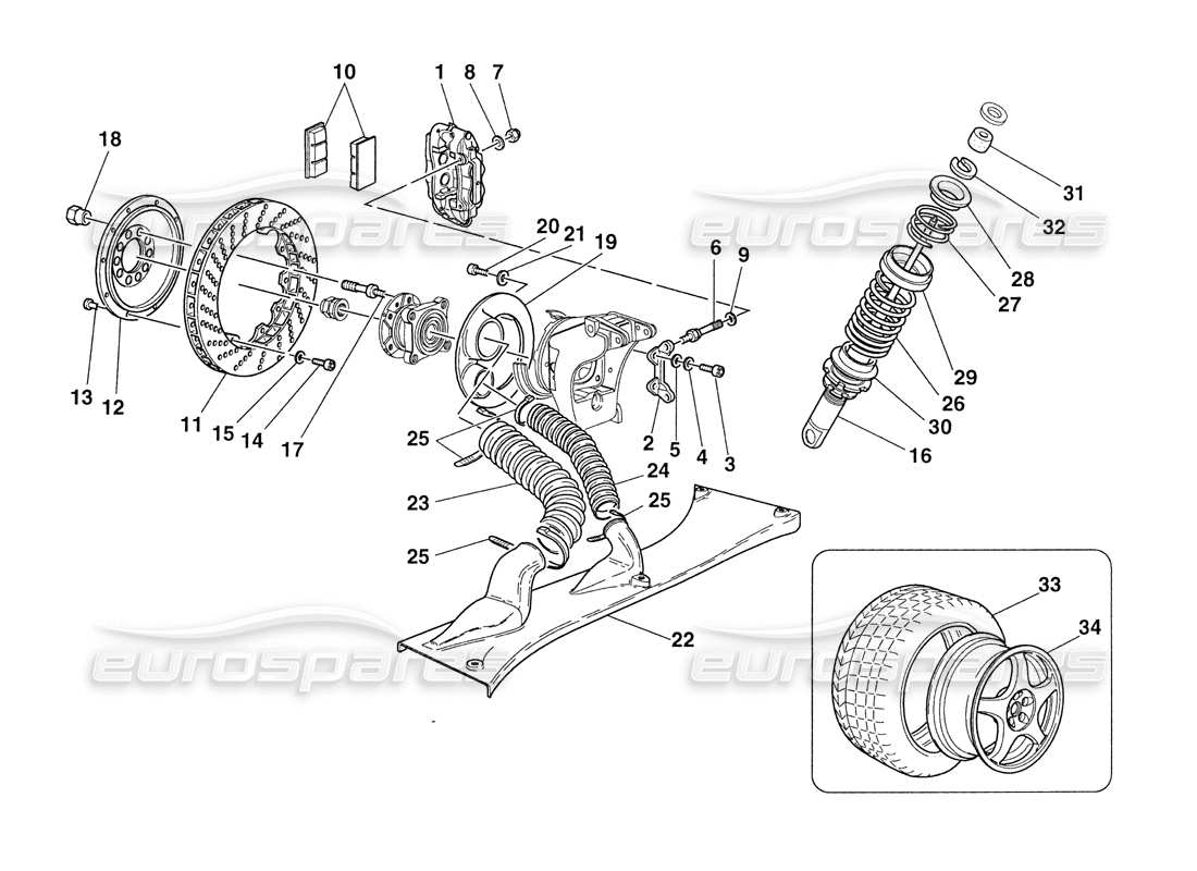 ferrari 355 challenge (1999) bremsen – stoßdämpfer – lufteinlässe hinten – räder teilediagramm