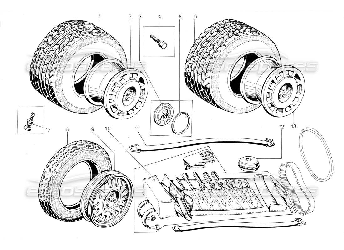 lamborghini jalpa 3.5 (1984) werkzeugsatz, reifen und felgen teilediagramm