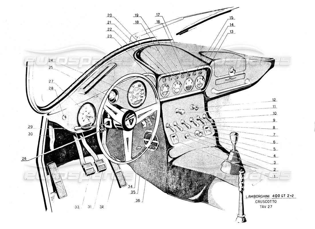 lamborghini 400 gt innenraum & gummidichtungen teilediagramm