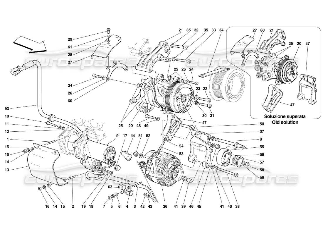 ferrari 456 gt/gta teilediagramm für anlassermotor und klimakompressor