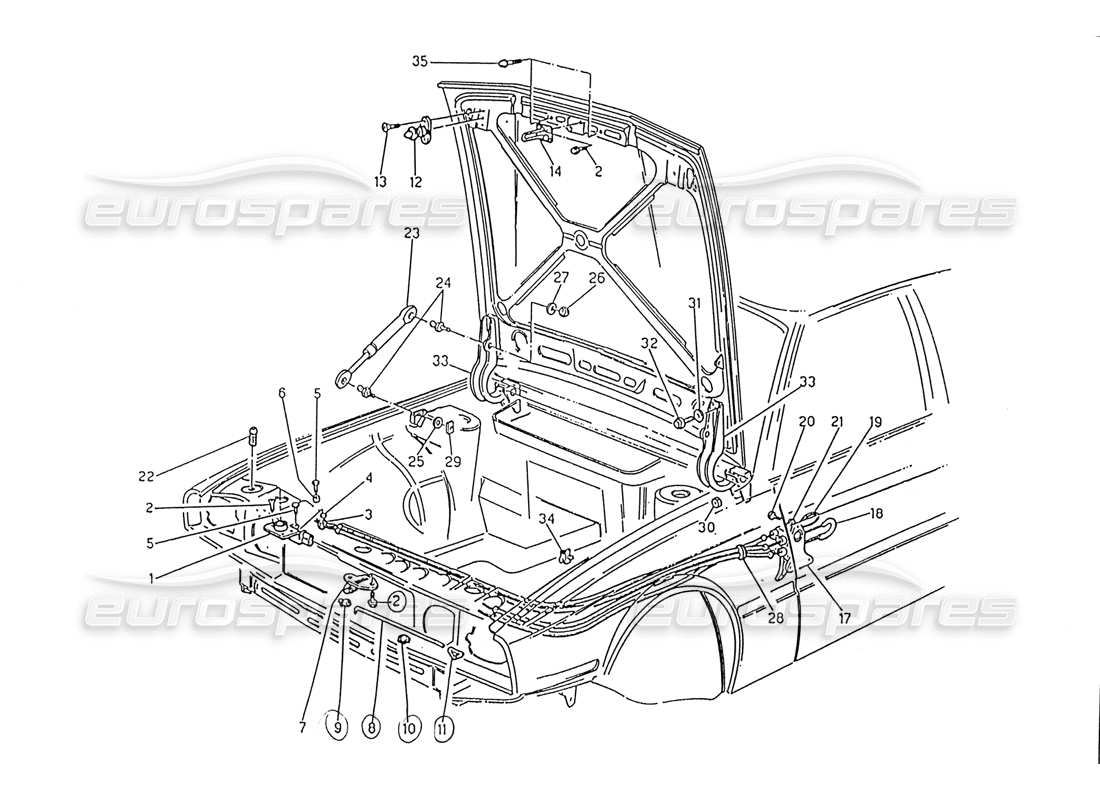 maserati 222 / 222e biturbo motorhaube: teilediagramm für scharniere und motorhaubenentriegelung