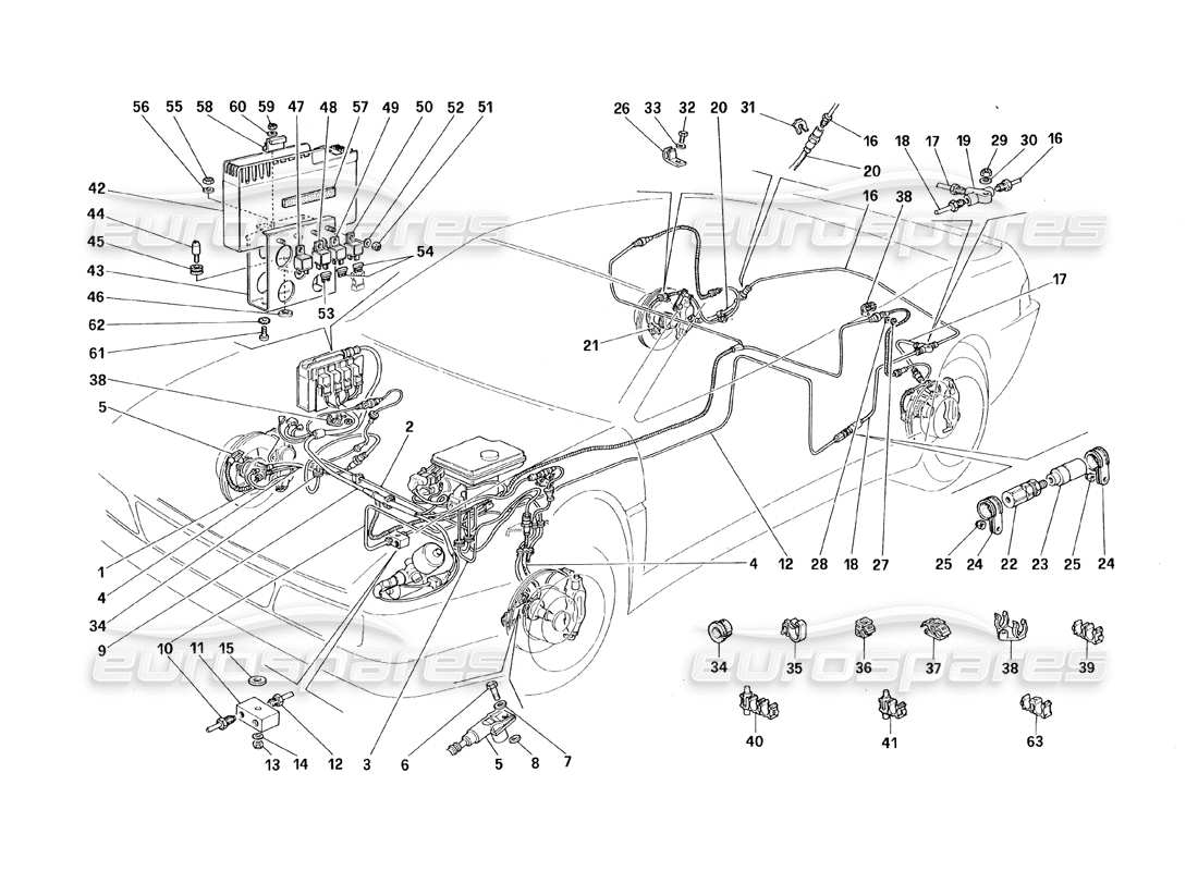 ferrari 348 (1993) tb / ts bremssystem (mit antiblockiersystem) teilediagramm