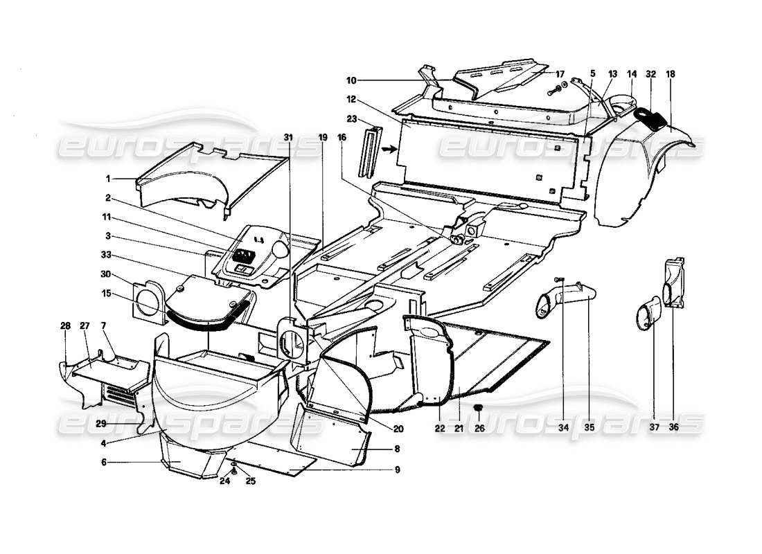 ferrari 208 turbo (1982) karosserie - teilediagramm der inneren elemente