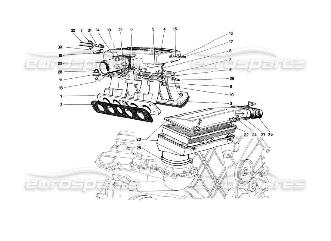 ferrari 208 turbo (1982) teilediagramm für lufteinlass und verteiler