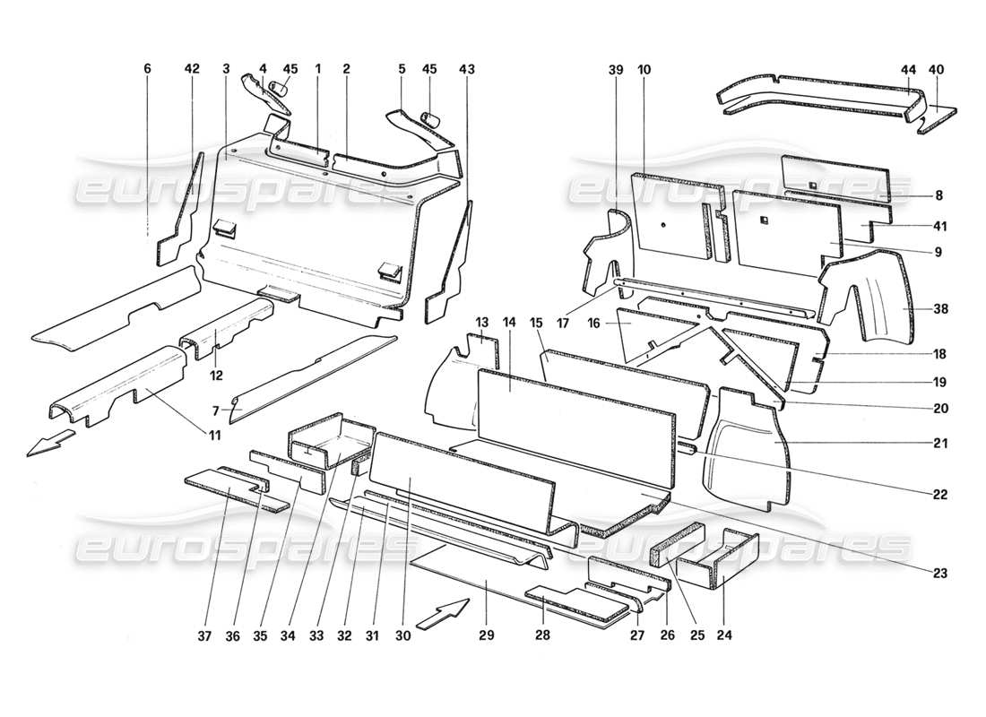ferrari 328 (1988) gepäck- und fahrgastraumisolierung (ab fahrzeugnummer 66967 - nicht für us - aus - ch87 - sa - j) teilediagramm