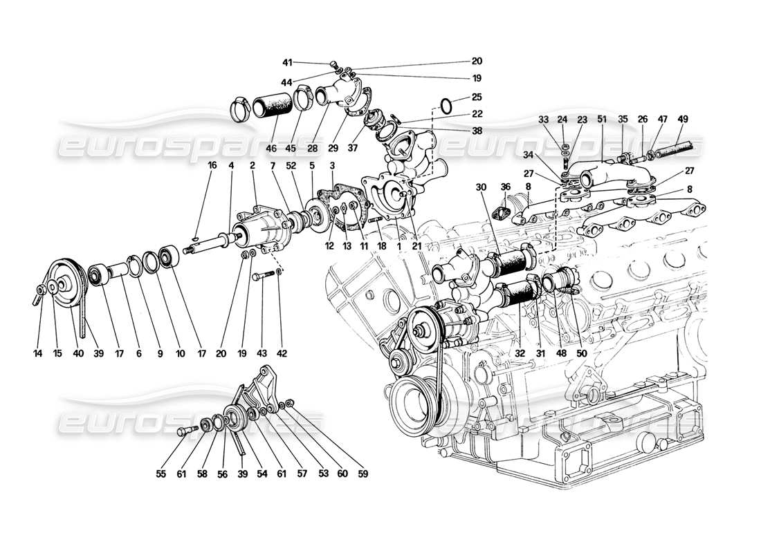 ferrari 328 (1988) teilediagramm für wasserpumpe und rohrleitungen