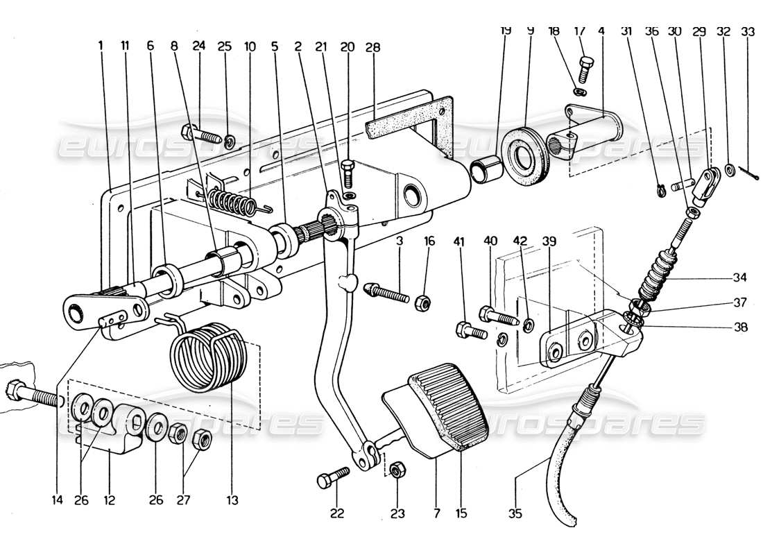 ferrari 365 gt4 2+2 (1973) pedalboard - teilediagramm der kupplungssteuerung