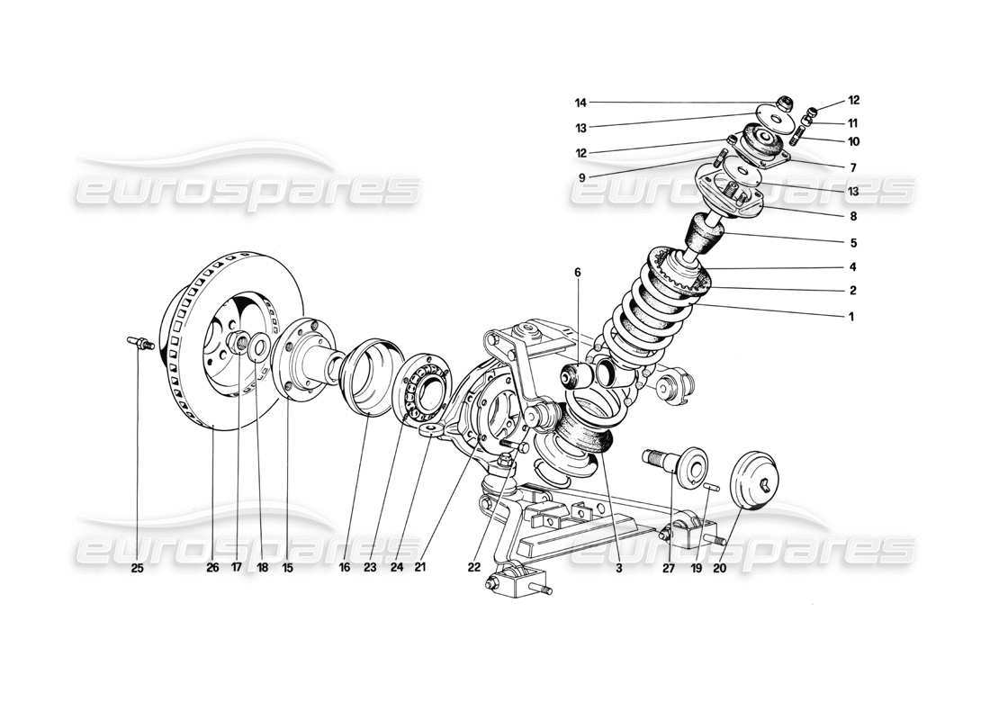 ferrari mondial 3.0 qv (1984) vorderradaufhängung - teilediagramm stoßdämpfer und bremsscheibe