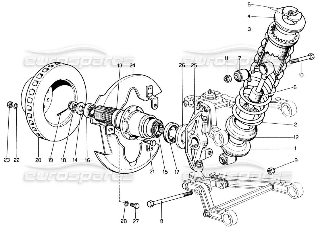 ferrari 365 gt4 2+2 (1973) vorderradaufhängung – stoßdämpfer teilediagramm