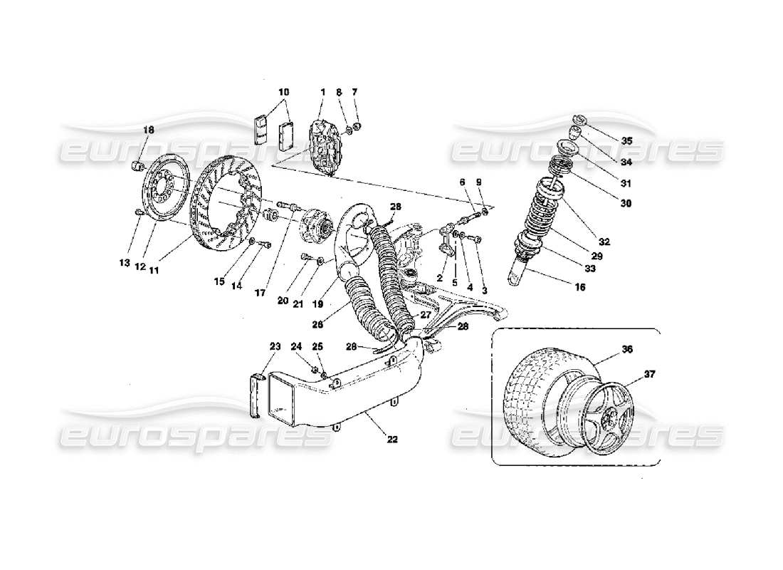 ferrari 355 challenge (1996) bremsen - stoßdämpfer - frontlufteinlass - räder teilediagramm