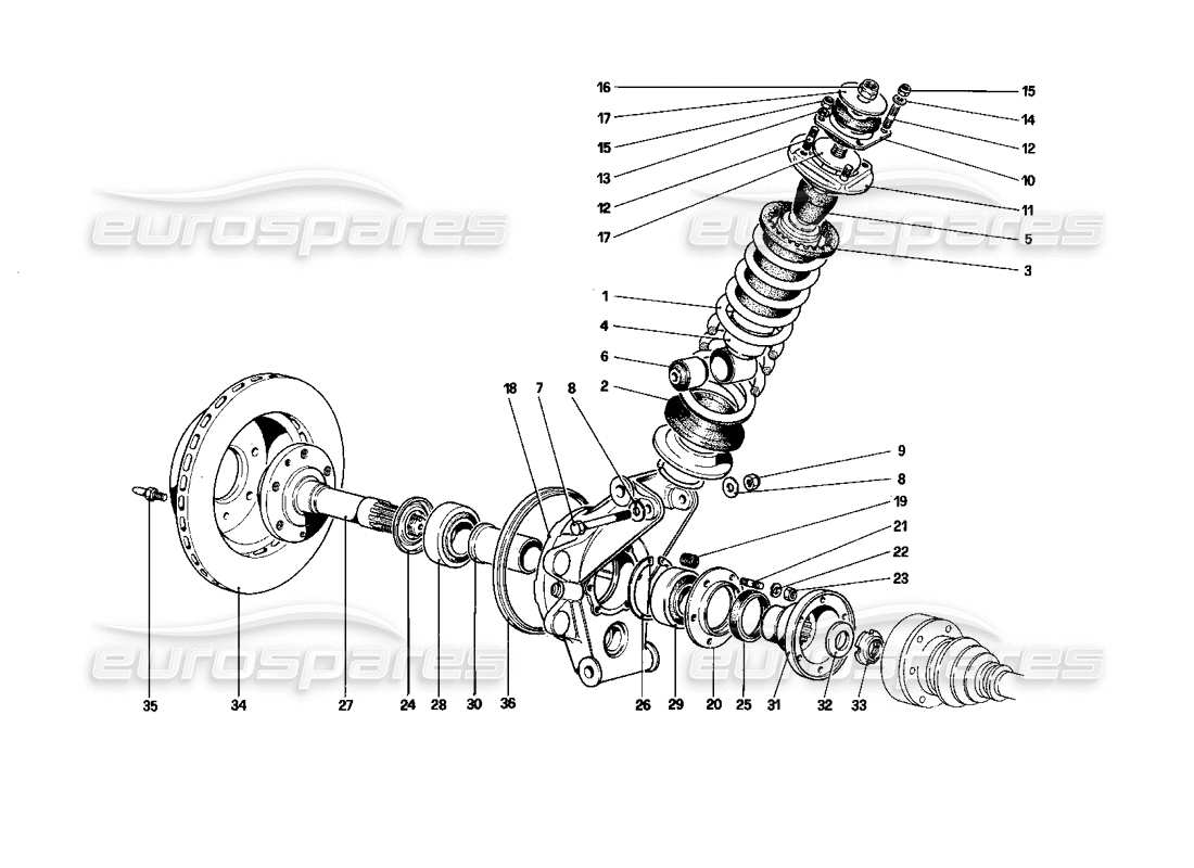 ferrari mondial 3.0 qv (1984) hinterradaufhängung - teilediagramm stoßdämpfer und bremsscheibe