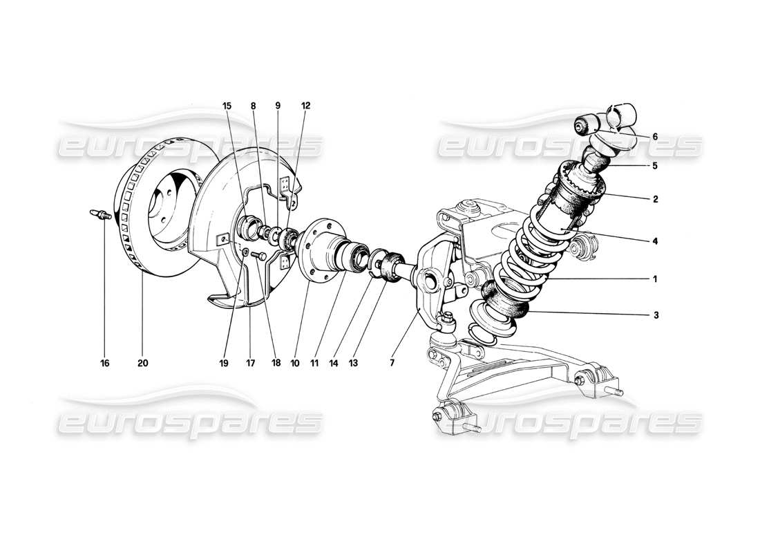 ferrari 208 turbo (1982) vorderradaufhängung – stoßdämpfer und bremsscheibe teilediagramm