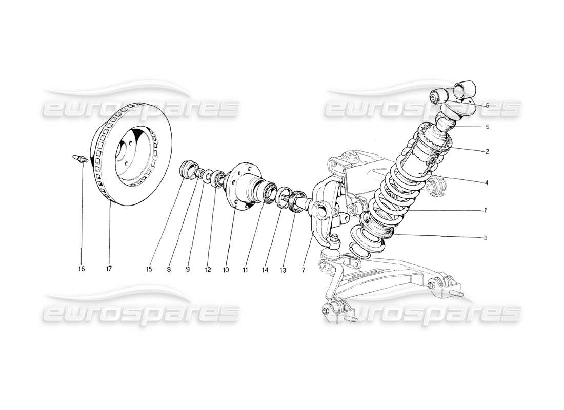 ferrari 208 gt4 dino (1975) vorderradaufhängung - teilediagramm stoßdämpfer und bremsscheibe