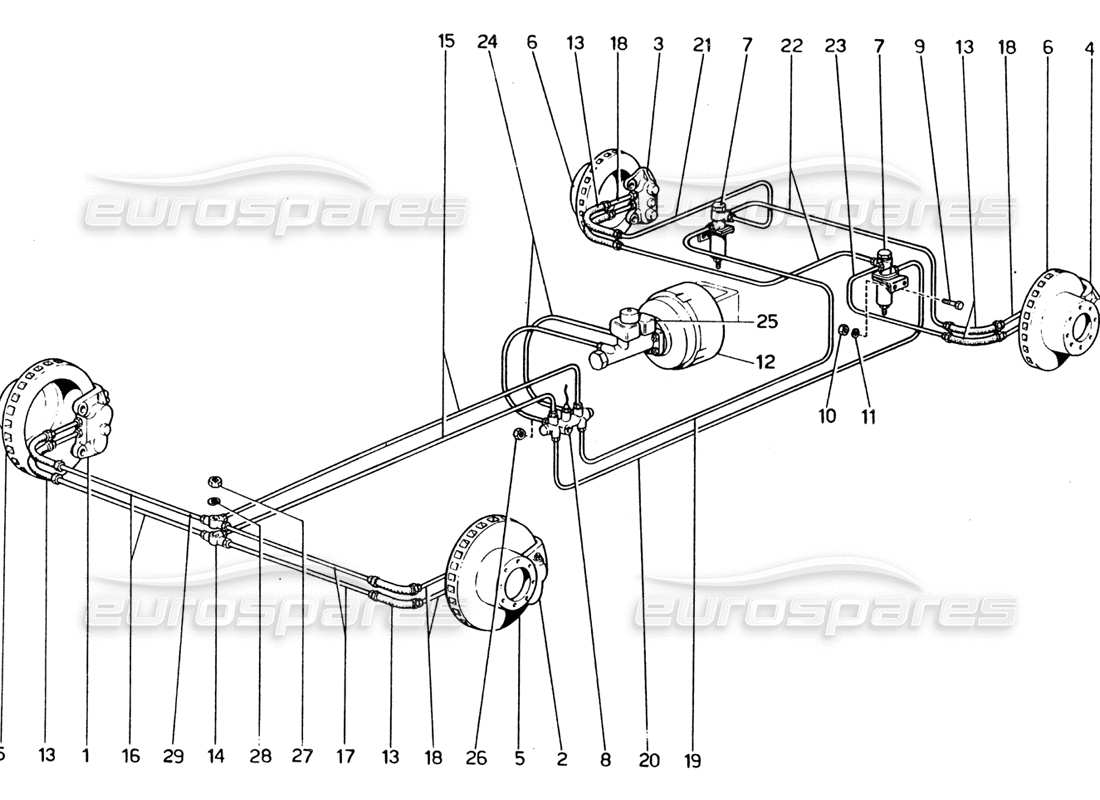 ferrari 365 gt4 2+2 (1973) teilediagramm für das hydraulische bremssystem an rädern