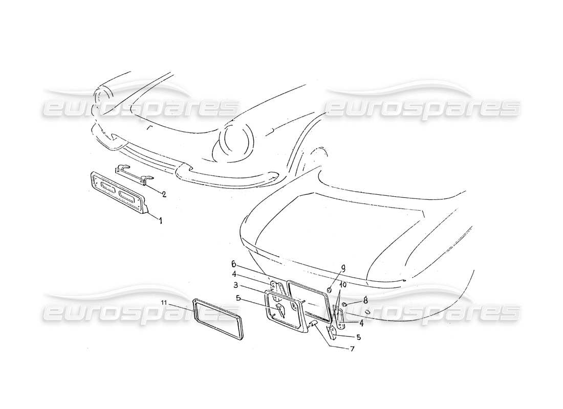 ferrari 330 gtc / 365 gtc (coachwork) teilediagramm für vordere und hintere nummernschildhalter