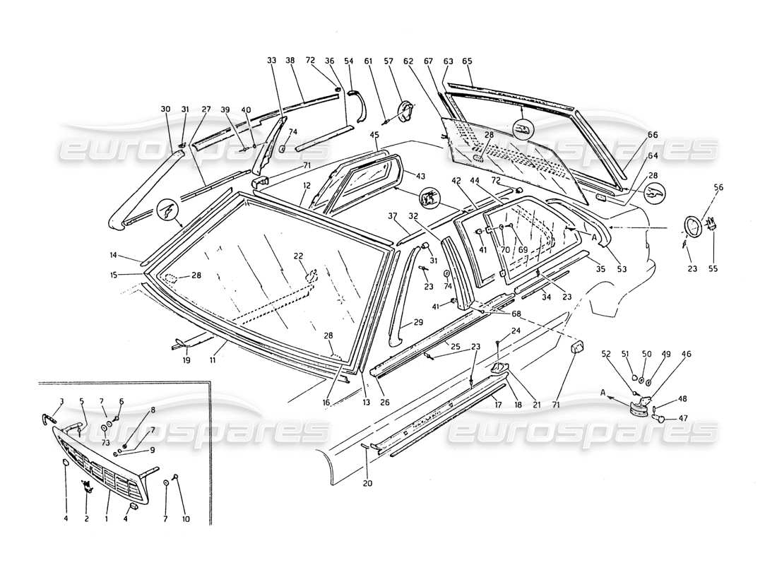 maserati biturbo 2.5 (1984) kühlergrill - finisher - feste gläser teilediagramm