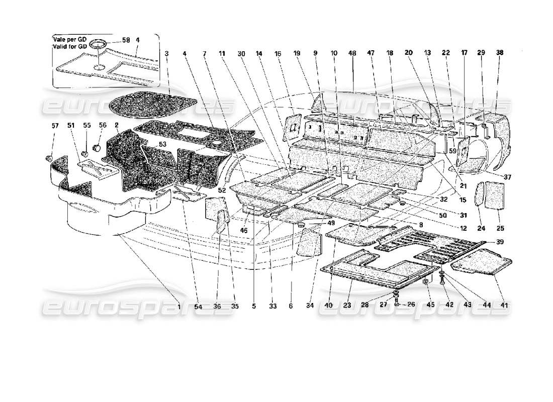 ferrari 512 tr ersatzteildiagramm für kofferraumteppich und isolierplatten