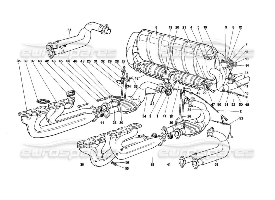 ferrari testarossa (1990) abgassystem (für us - sa und cat version) teilediagramm