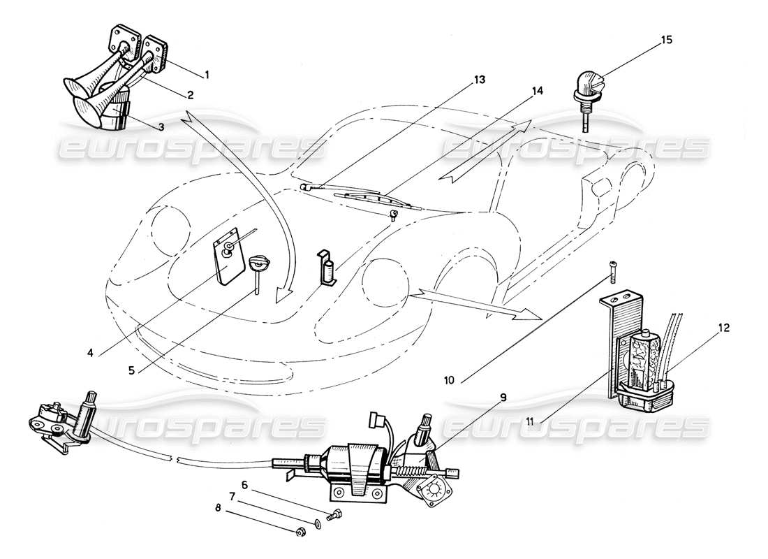 ferrari 206 gt dino (coachwork) teilediagramm für wischermechanik, scheibe und hupen