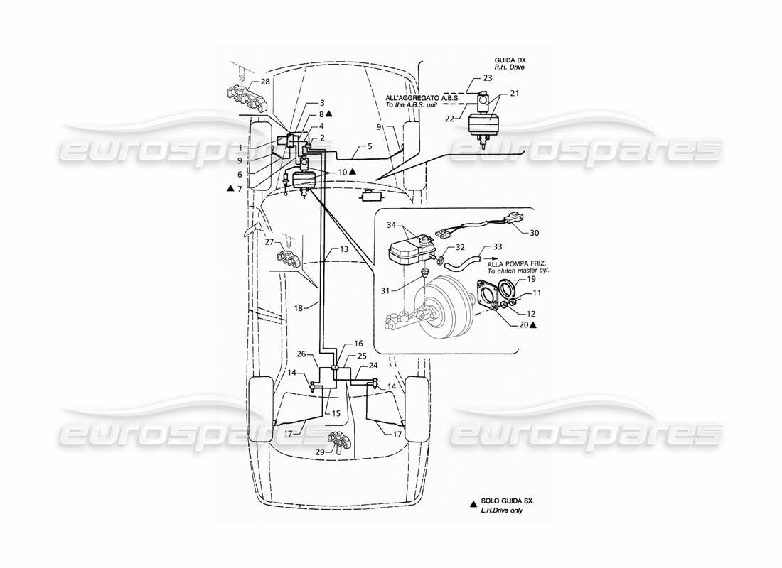 maserati qtp. 3.2 v8 (1999) teilediagramm für hydraulische abs-bremsleitungen