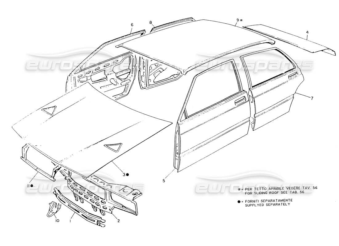 maserati 418 / 4.24v / 430 karosserie - vorderseite, dach, türen, hauben - teilediagramm