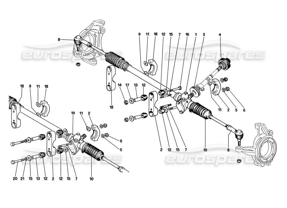 ferrari 328 (1988) teilediagramm für lenkgetriebe und gestänge