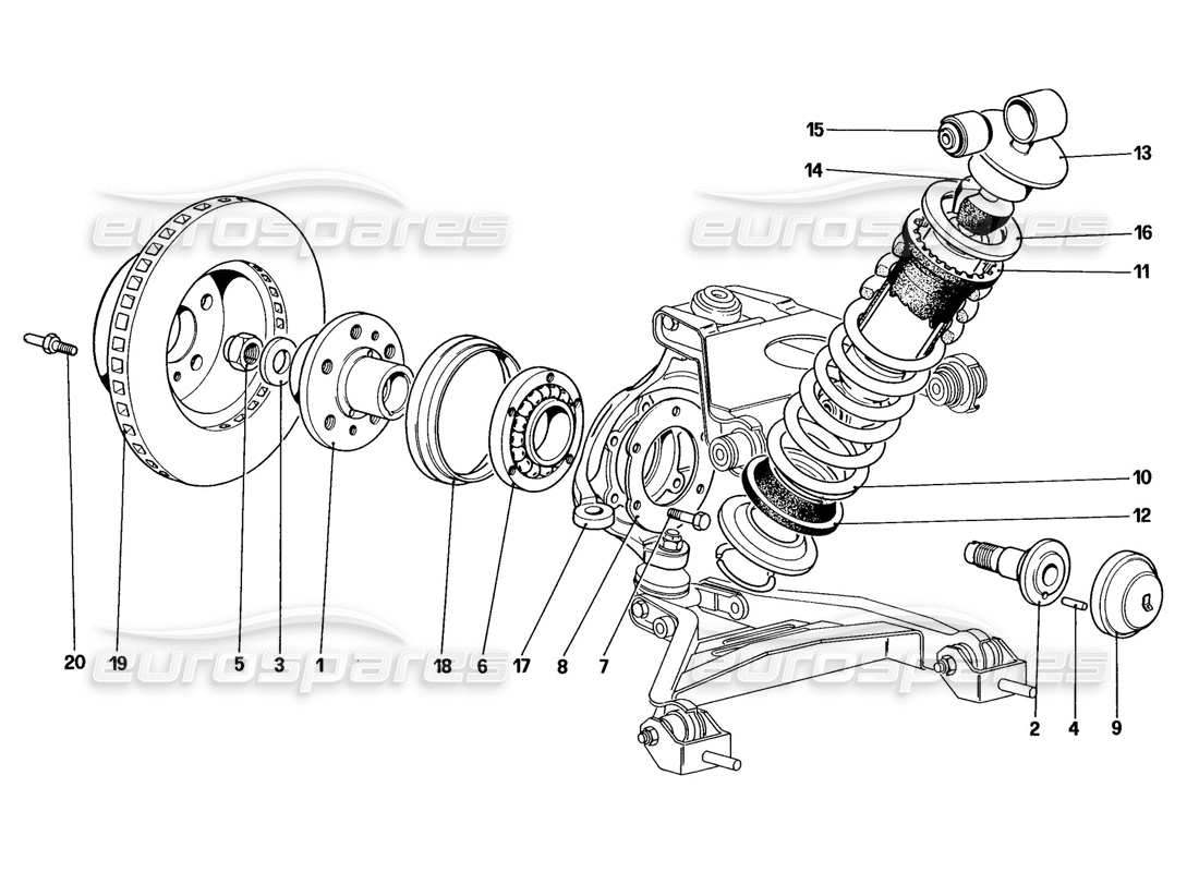 ferrari 328 (1988) vorderradaufhängung - stoßdämpfer und bremsscheibe (bis autonummer 76625) teilediagramm