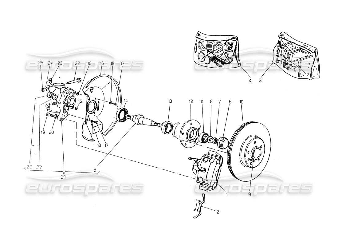 maserati 418 / 4.24v / 430 teilediagramm für vorderradnaben und bremsen
