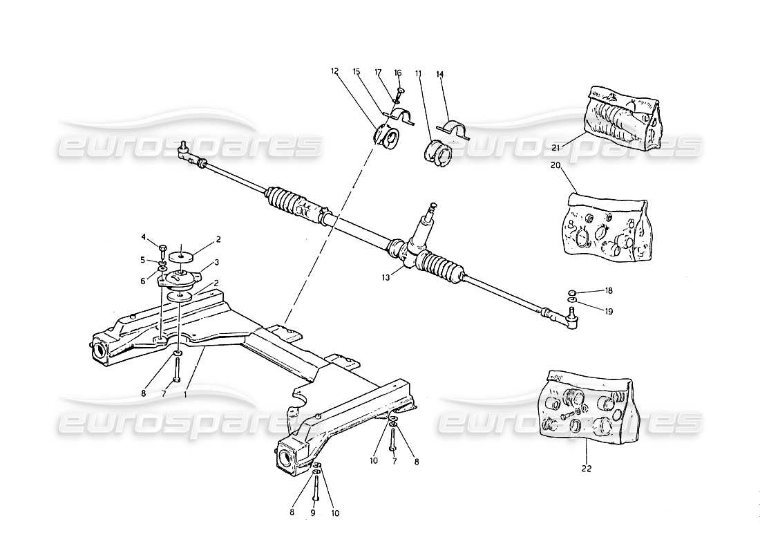 maserati biturbo 2.5 (1984) vorderer hilfsrahmen und lenkgetriebe teilediagramm